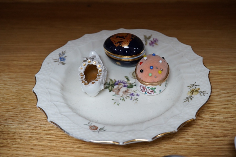 A group of various Royal Copenhagen animals and dishes, together with Halcyon Days, Limoges and a small porcelain shoe, tallest 14.5cm high. Condition - good